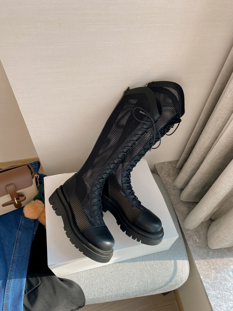 Boot lưới da thật cổ cao đế dày thoáng khí mùa xuân hè phong cách kỵ sĩ buộc dây — Màu nâu ống lớn, Màu đen cổ ống lớn, Ống nhỏ màu đen, Ống nhỏ màu be chi tiết 21