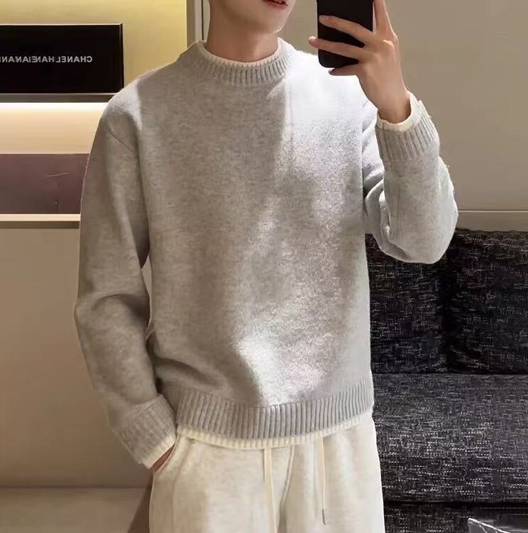 American retro style fake two-piece round neck sweater for men, 2026 autumn and winter new model, loose and economical inner knitwear for men