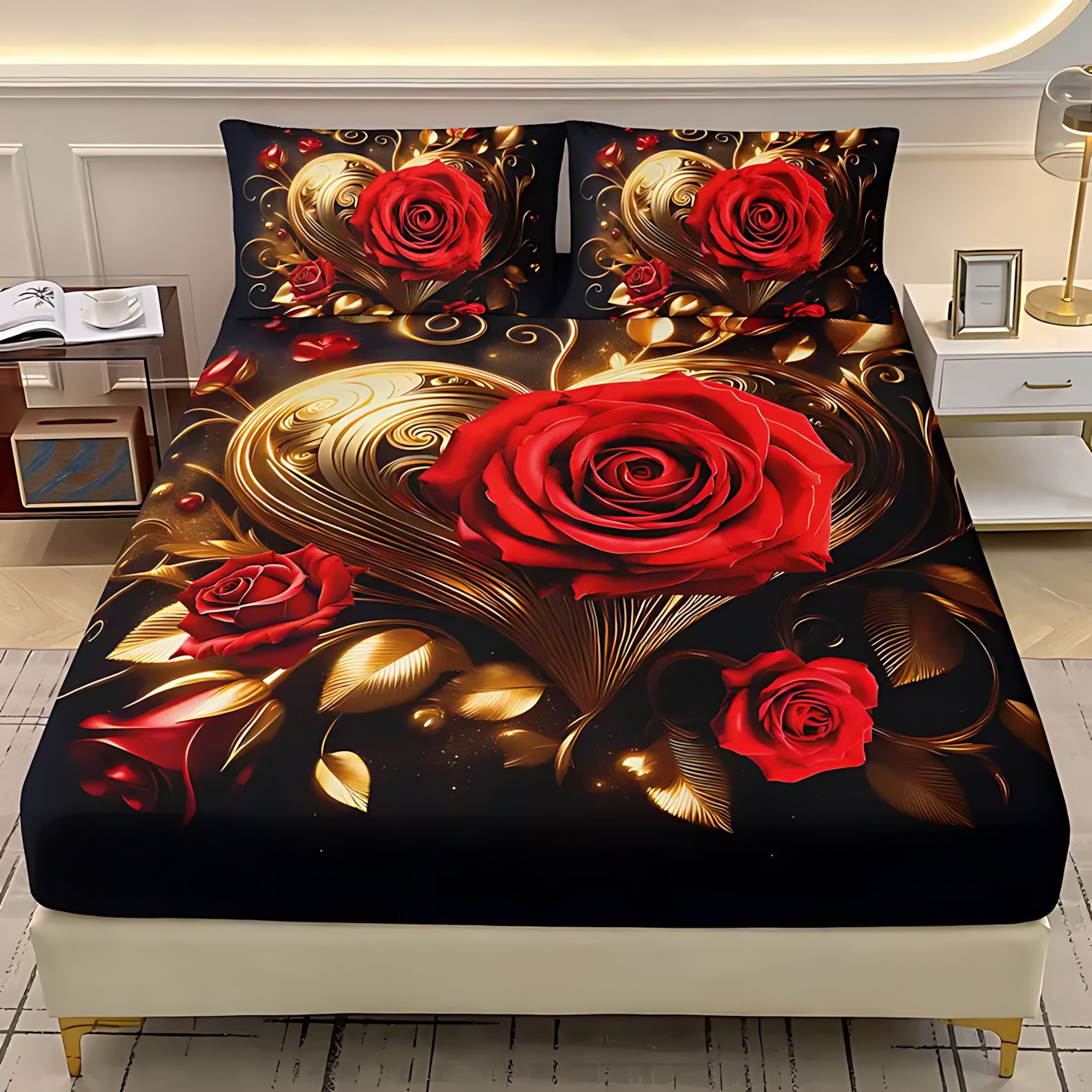 TEMU / JIT serie de rosa dorada negra impresión digital HD cama camisa colchón conjunto de dibujo se puede ajustar