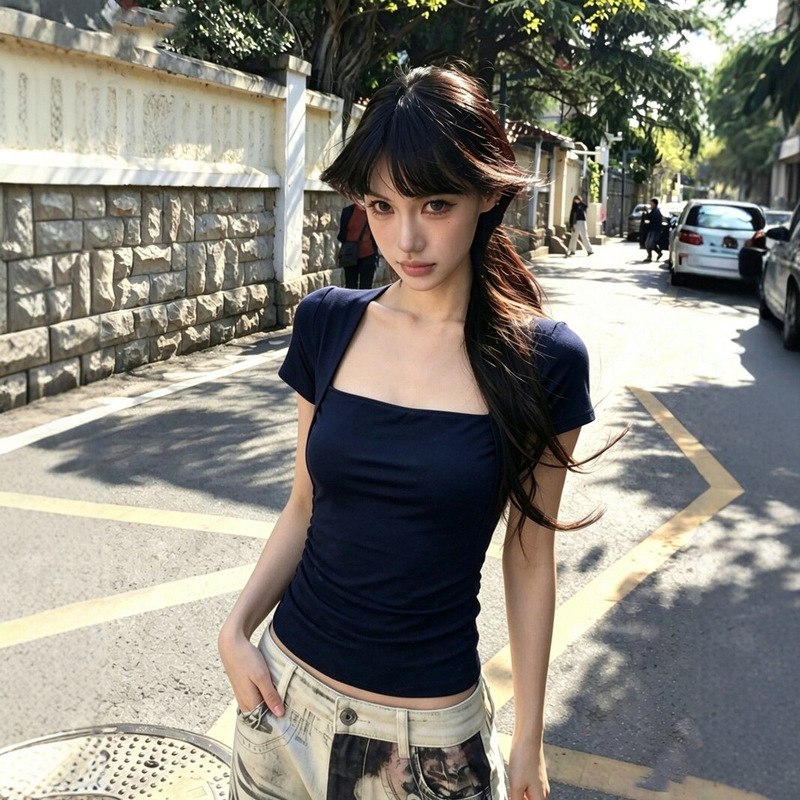 [260g Rayon Modal] American-Style Square-Neck Short-Sleeved T-Shirt for Women, Summer Slim-Fit Hot Girl Top