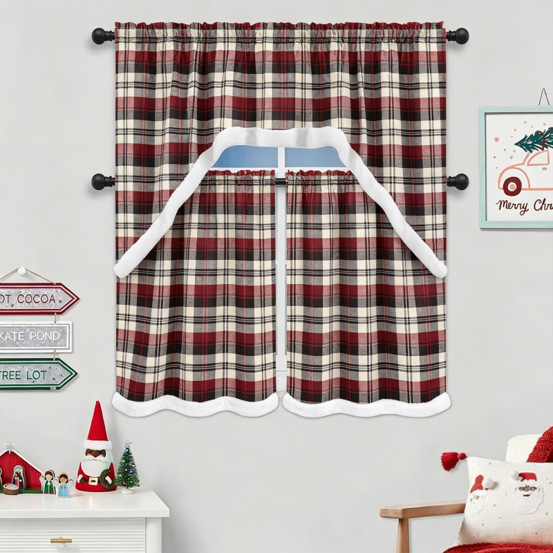 Cross-border exclusive: Brown Christmas-themed plush curtains with white trim, designed to block out light, perfect for small windows in American-style kitchens, ideal for holiday window decorations