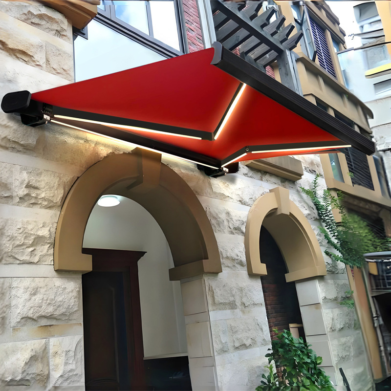 Caja completa toldo gris, toldo de aleación de aluminio eléctrico de lujo, toldo de lluvia, balcón de villa, caja completa, toldo telescópico con luz
