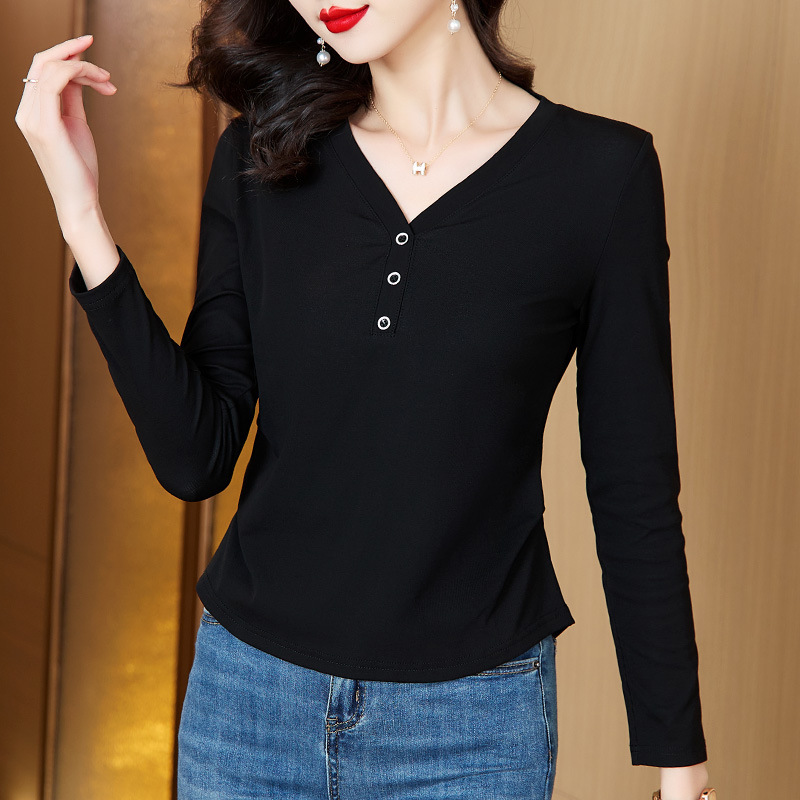 Brand High-end Spring and Autumn Women's Thin Long-sleeved V-neck T-shirt Korean Slim-fit All-match Base Shirt Pure Cotton Long-sleeved Top