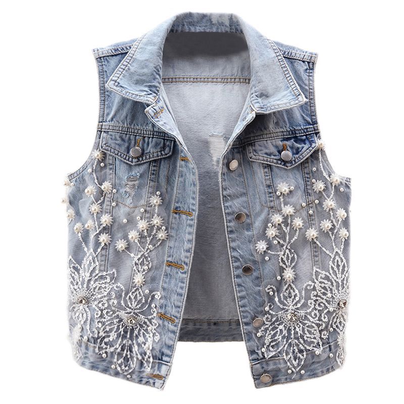 2023 spring and summer new heavy industry beaded flower Denim vest women's short ripped vest vest waistcoat top