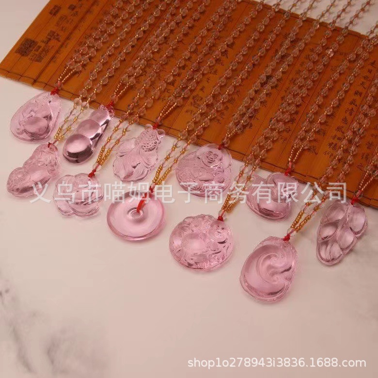 桃花甜美风晶莹粉姻缘琉璃吊坠项链女毛衣链百搭玫瑰叶子佛水晶