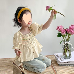 Girl's Western Style Sweet Shirt 2025 New Style Girl's Fashion Color Strip Flower-bud Sleeve Shirt Princess Style Joker
