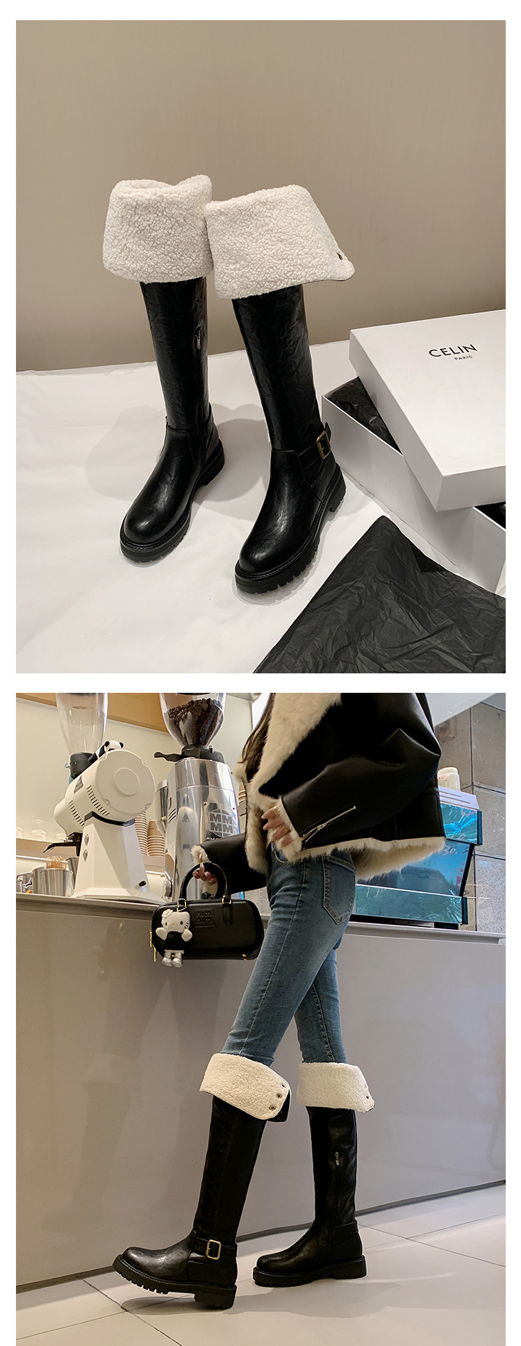 Boot nữ cổ cao qua gối hai lớp gấp gọn, lót lông cừu ấm áp, phong cách hiệp sĩ — màu đen chi tiết 20