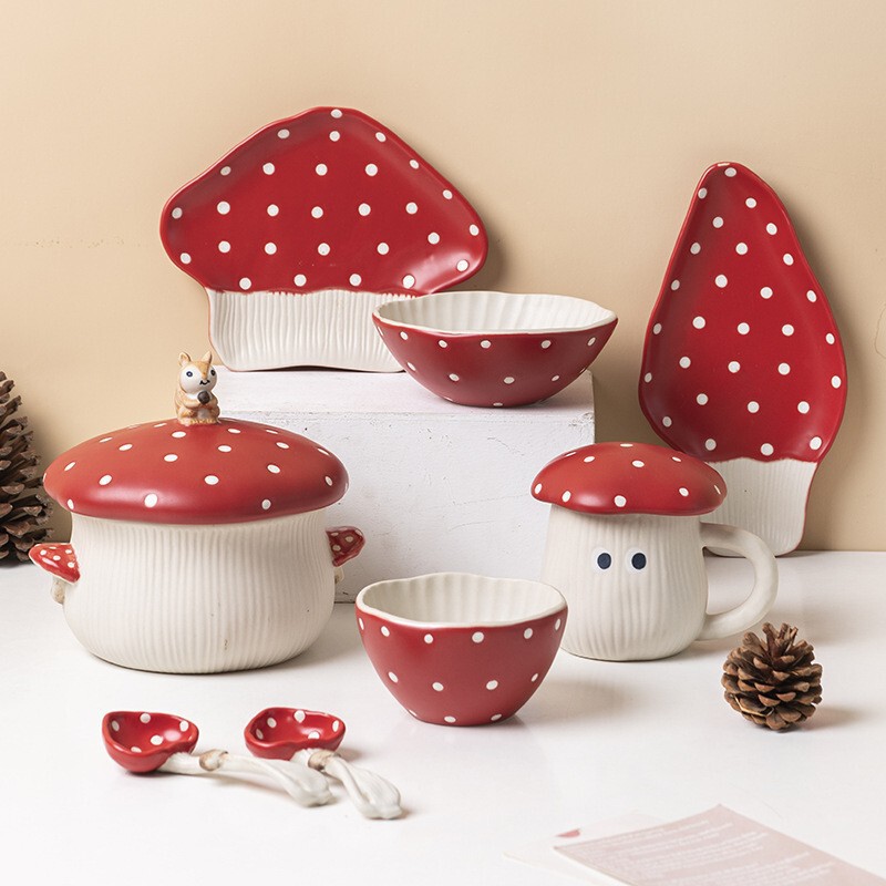 High-value red mushroom bowl household ceramic rice bowl noodle bowl dish plate cute girl heart bowl dish plate tableware set