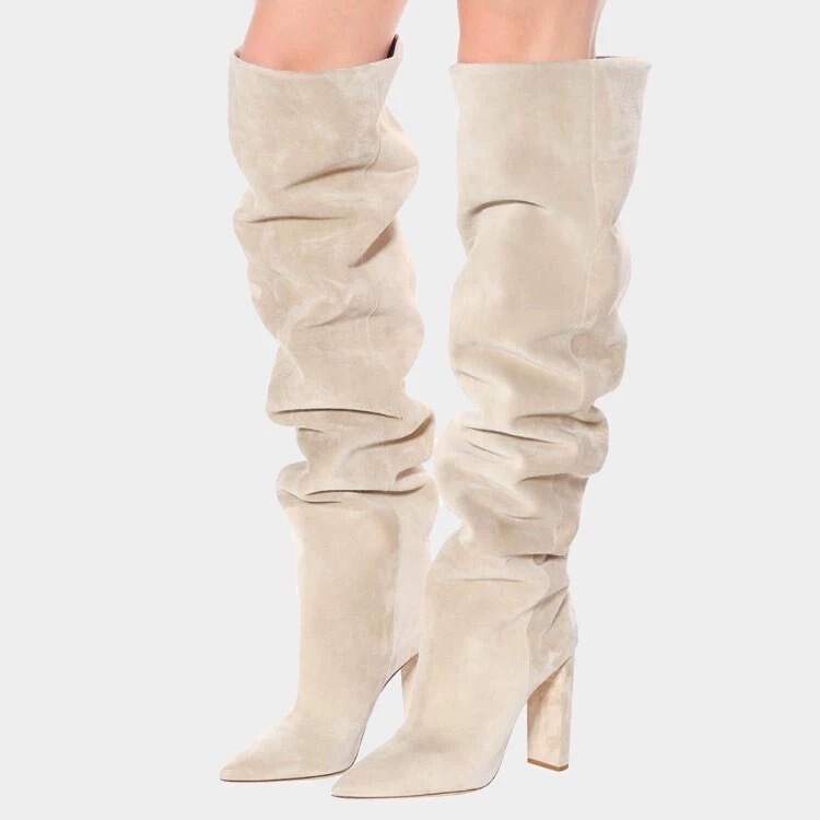 European and American Style Fashionable Pleated Long Boots Beige White Red Frosted Over-the-Knee Long Boots Chunky Heel High Heels Women's Boots Large Size European and American Style Fashionable Pleated Long Boots Beige White Red Frosted Over-the-Knee Long Boots Chunky Heel High Heels Women's Boots Large Size