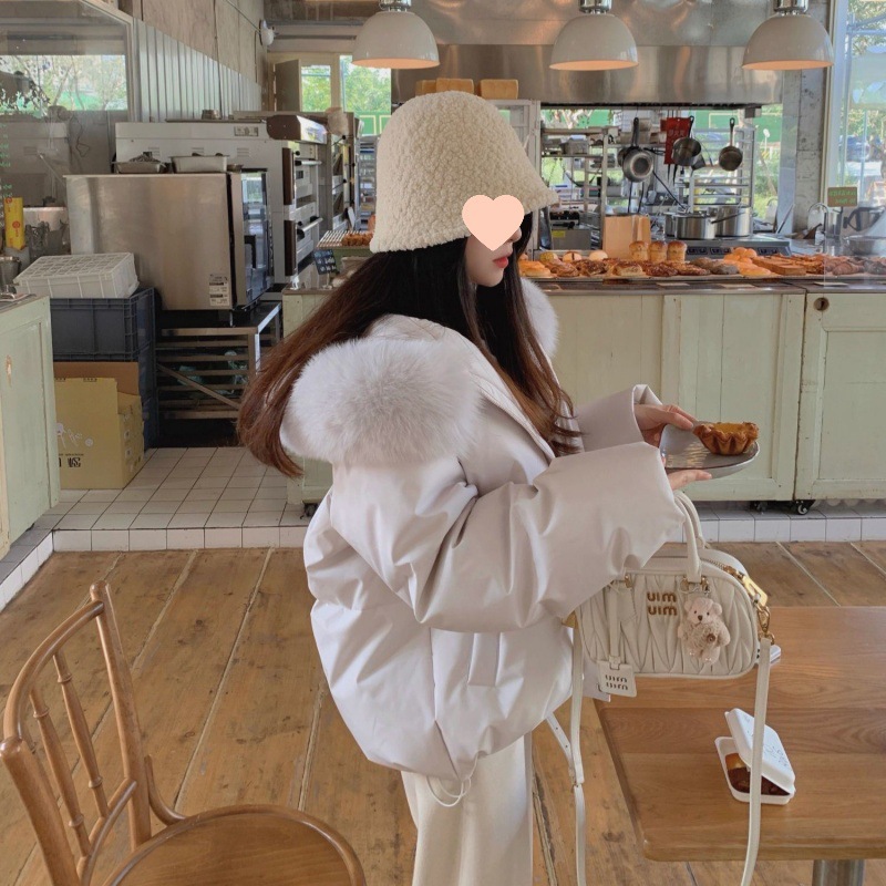 粉色狐狸大毛领连帽短款羽绒服女年冬季韩版宽松加厚保暖外套鹅绒