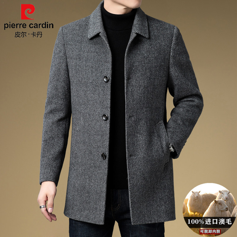 Pierre Cardin Double-faced Wool Cashmere Overcoat for Men, Mid-length Business Style, Thickened with Goose Down Lining