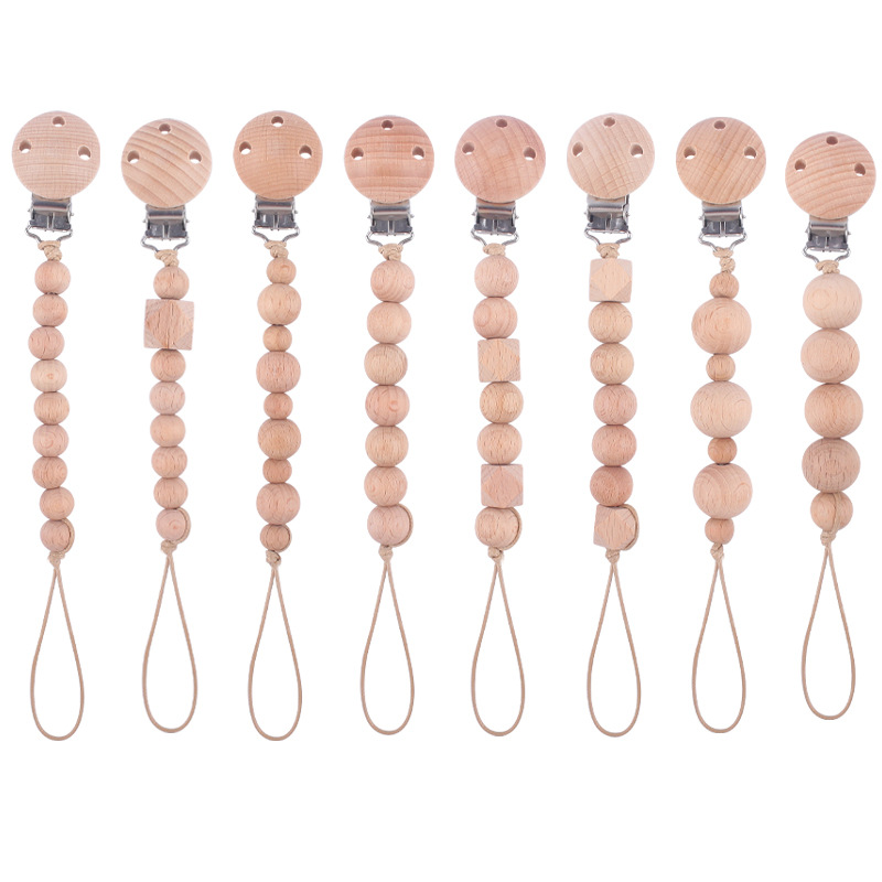 Nuevos suministros para bebés clip de chupete de haya calmante bebé Beech beads mordida mordedura chupete cadena anti-gota cadena