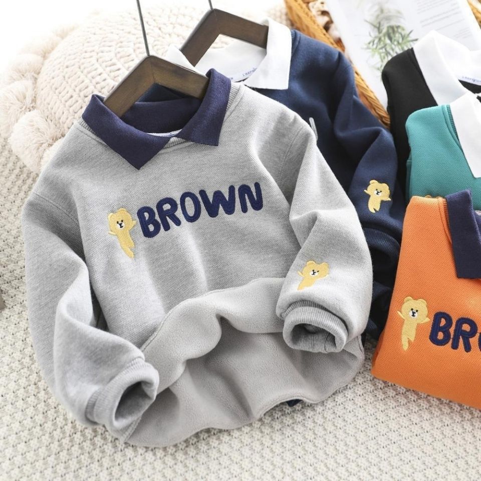 Boys' medium and large children's fake two-piece T-shirt 2023 autumn and winter new style plus velvet and thickened handsome boy's long-sleeved sweatshirt