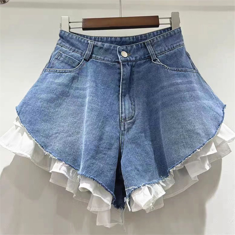 Pantalones Cortos Jeans de Doble Capa Falsa Mezclilla Cintura Alta para Mujer