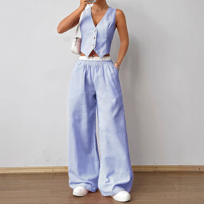 Cross-Border European and American Style Women's Elegant Striped Sleeveless V-Neck Tank Top + Color-Blocked Waist Pants Casual Two-Piece Set
