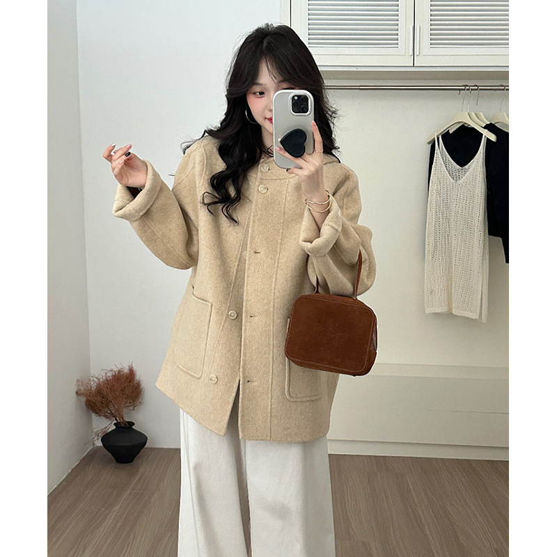 Two-Color Contrasting Hooded Single-Breasted Loose Mid-Length Double-Sided Wool Outwear Jacket for Women 25 Autumn and Winter New Style
