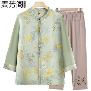 Grandma's Summer Thin Shirt for Middle-Aged and Elderly Women, Summer Round Neck Gauze Sleeves, Mother's Style Tops, Clothes for the Elderly