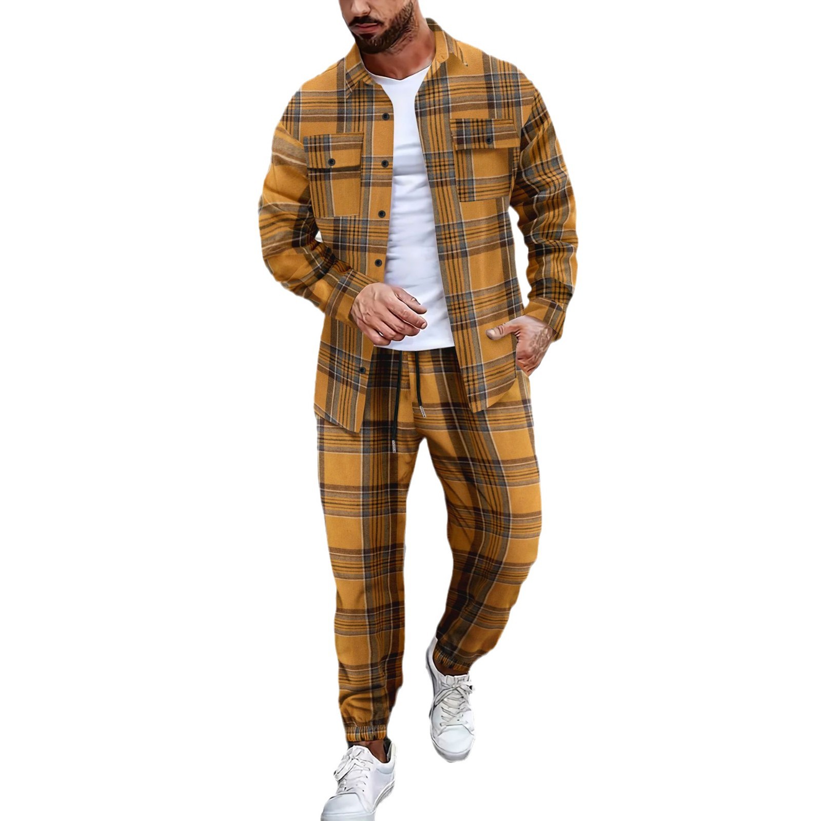 Modisches Herbst-Set: Herrenhemd mit Karomuster und lange Hose, sportlich-lässig_voghion.com