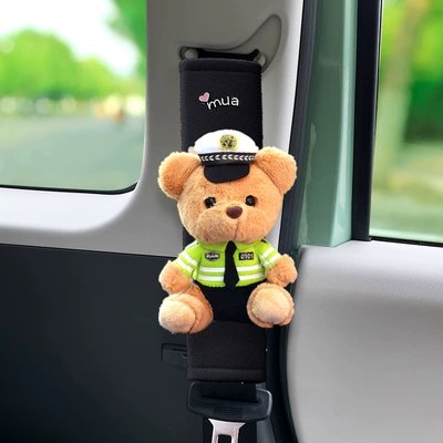 Seat Belt Shoulder Cover Cartoon Cute Car Neck Anti-Strangle Children's Car Interior Bear Seat Belt Protective Cover (Seat belt shoulder pad) - black-velvet-green-bear