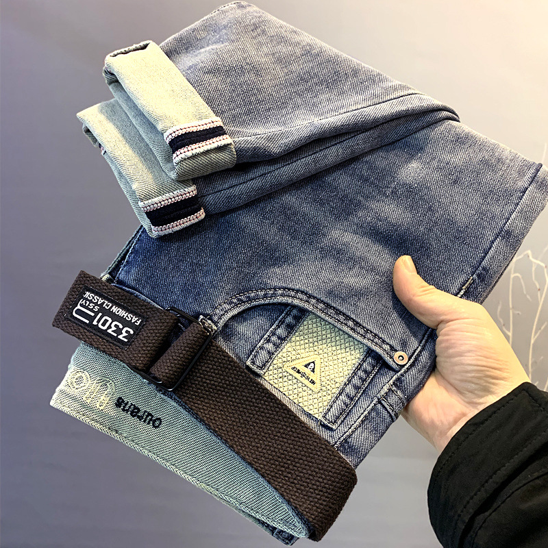 Vaqueros hombre bordados corte recto pantalón elástico primavera_voghion.com