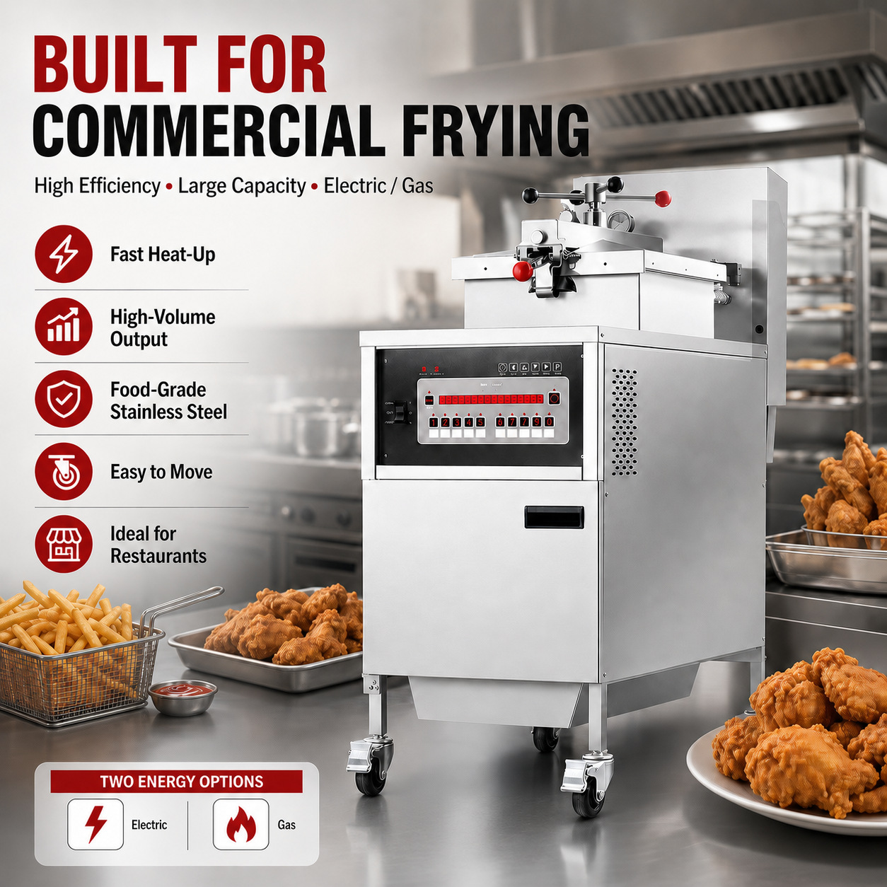 Freidora de pollo a presión americana, freidora eléctrica comercial de gas, nuevo tipo de freidora comercial de doble cilindro, elevación automática de doble cabeza