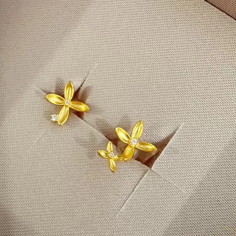 新款不對稱金色花朵耳釘女輕奢氣質鋯石小花耳飾女生禮物代發