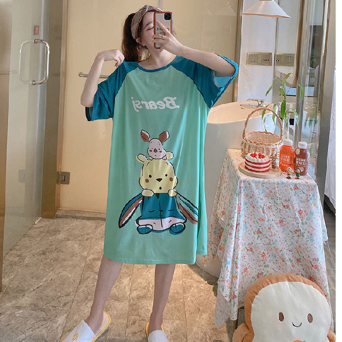 Comercio exterior camisón de verano de las mujeres de manga corta pijamas de dibujos animados delgada de doble cara de seda impresa vestido cultural ropa para el hogar