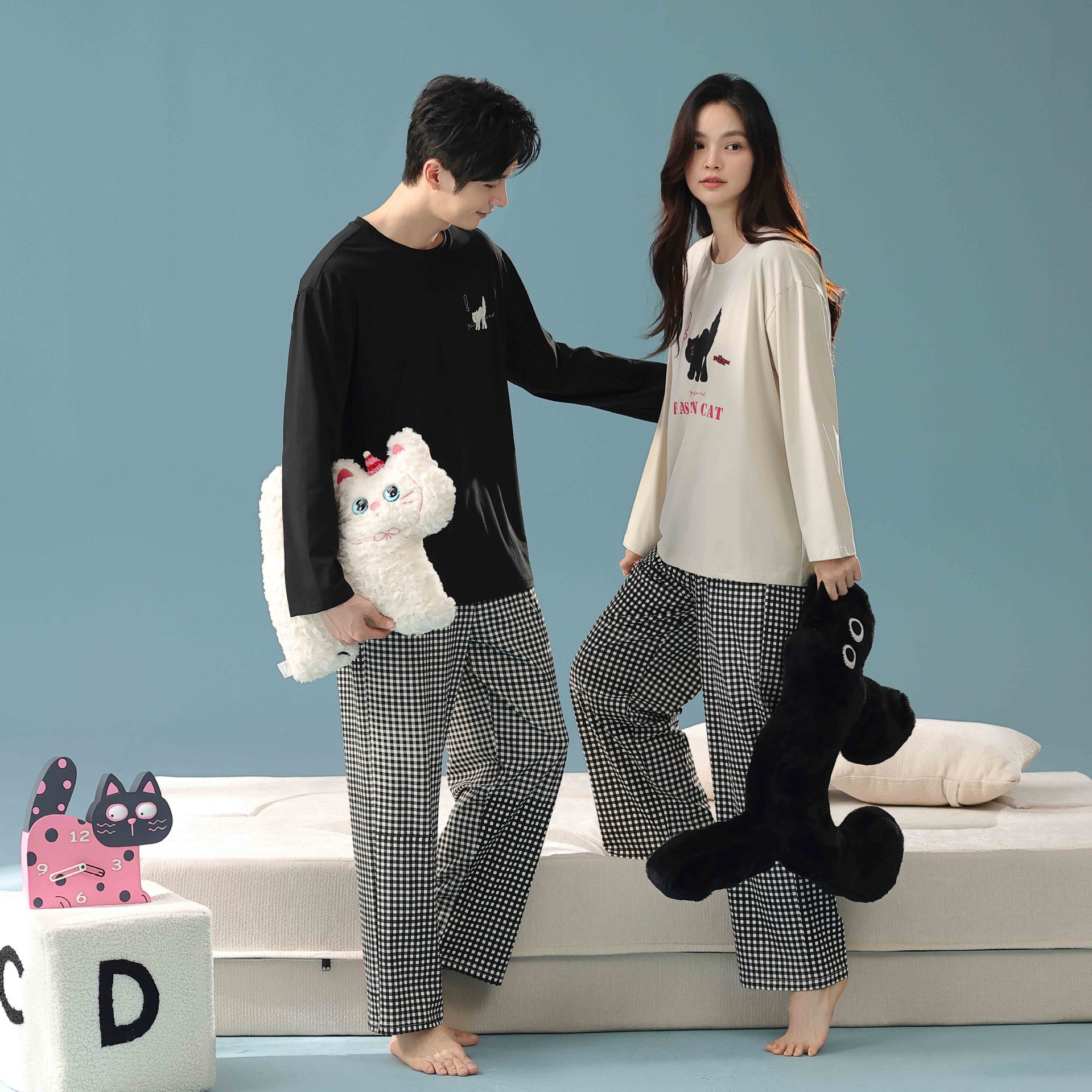 [Antibacterial Cotton] 2025 Autum Couple Pajamas Pure Cotton Long-Sleeved Male and Female Students Cartoon Home Clothes Set