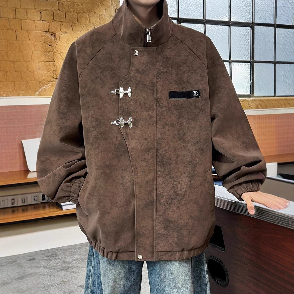 American High Street Buckle Locomotive Pu chaqueta de cuero hombre marca de invierno y otoño suelta retro alta sensación de abrigo de cuero de cuello vertical