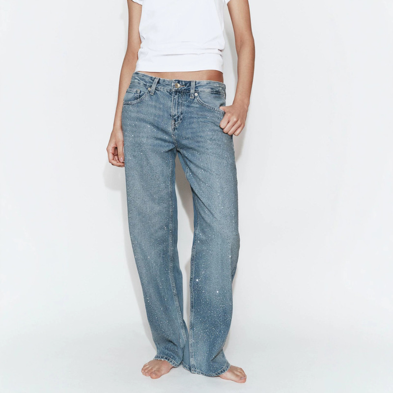 European and American Cross-Border Za Foreign Trade Ra Wholesale Tk Rhinestone Ripped Jeans for Women, Loose Straight High-Waisted Denim Pants for Women