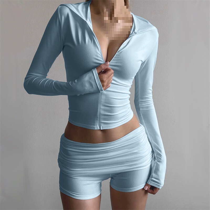 American Women's Autumn New Hooded Cardigan Top Pleated Three-Quarter Shorts Wholesale Fashion Sports Style Two-Piece Set