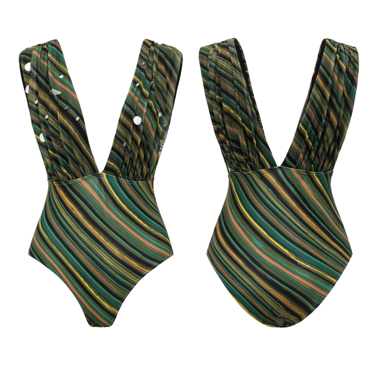 Women's One-piece Swimsuit With Sequin Color Blocking And Stripes_voghion.com