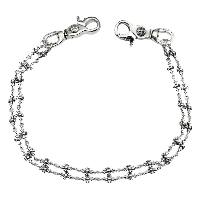 Wulin Cadena cruzada de doble capa Hebilla de clip Cadena de cintura con doble hebilla Cadena para pantalones Cadena personalizada retro europea y americana Bolsa de plata tailandesa Bolsa con cadena Colgante de cadena de plata