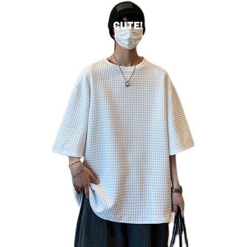 Men's Summer T-shirt, Honeycomb Short Sleeve, Trendy Streetwear, Instagram Style, Harajuku Fashion, Half Sleeve, 5-Finger Sleeve, Hong Kong Style, White T-Shirt