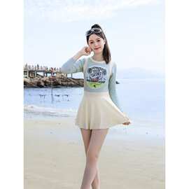 跨境小清新女童泳衣连体裙式防晒长袖中大童8-10-12-14女孩游泳装