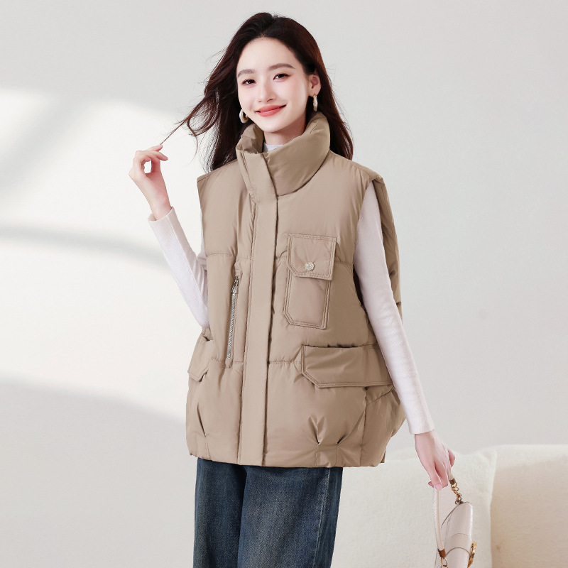 Invierno nuevo color sólido moda casual versátil delgado suelto cuello de pie grueso abrigo de algodón de hombro chaleco