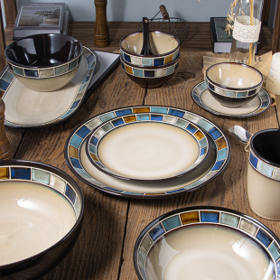 Underglaze color blue lattice tableware bowl dish plate suit hand-painted plate salad bowl rice bowl steak plate fish plate mug