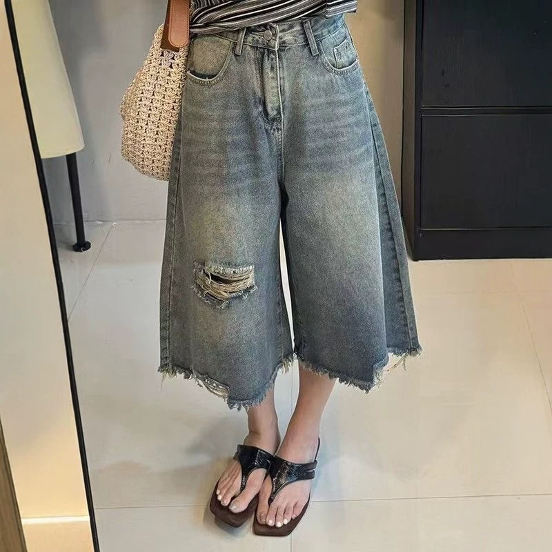 American Retro Style Ripped Cropped Jeans for Women, Summer Loose Straight-Leg Cropped Wide-Leg Pants, Slimming Cropped Mid-Length Pants for Women American Retro Style Ripped Cropped Jeans for Women, Summer Loose Straight-Leg Cropped Wide-Leg Pants, Slimming Cropped Mid-Length Pants for Women
