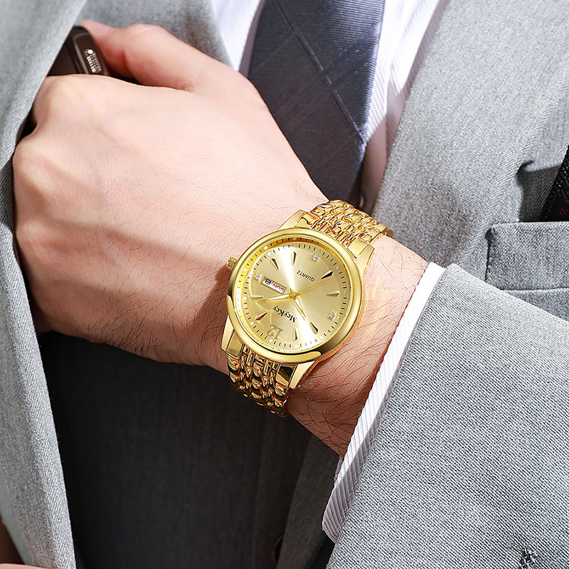 McyKcy marca cinturón de acero aleación reloj de negocios muestra calendario semana transfronterizo al por mayor reloj de cuarzo de doble calendario