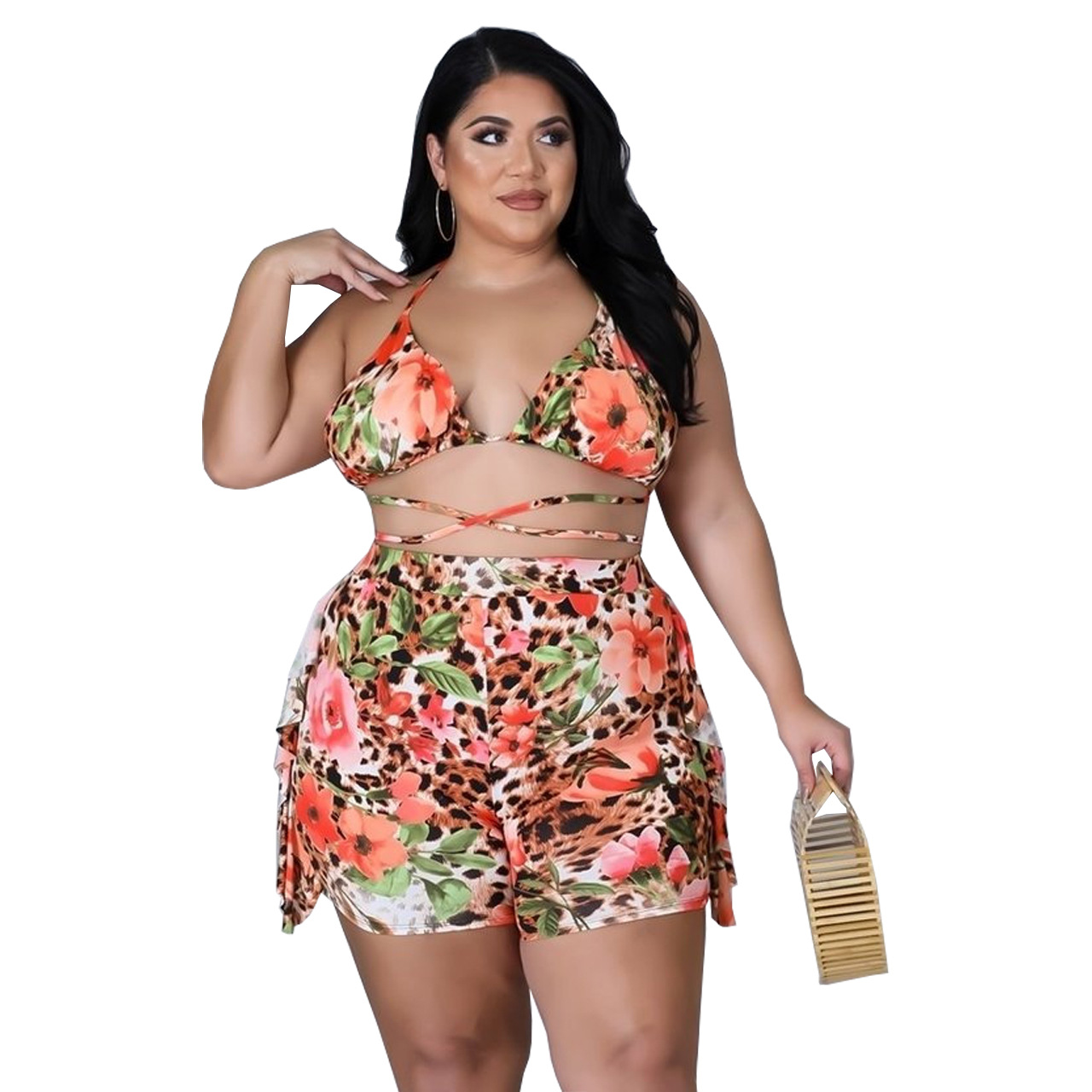 plus size ruffled hanging neck wrapped chest flower leopard print swimsuit two-piece set NSFH130026