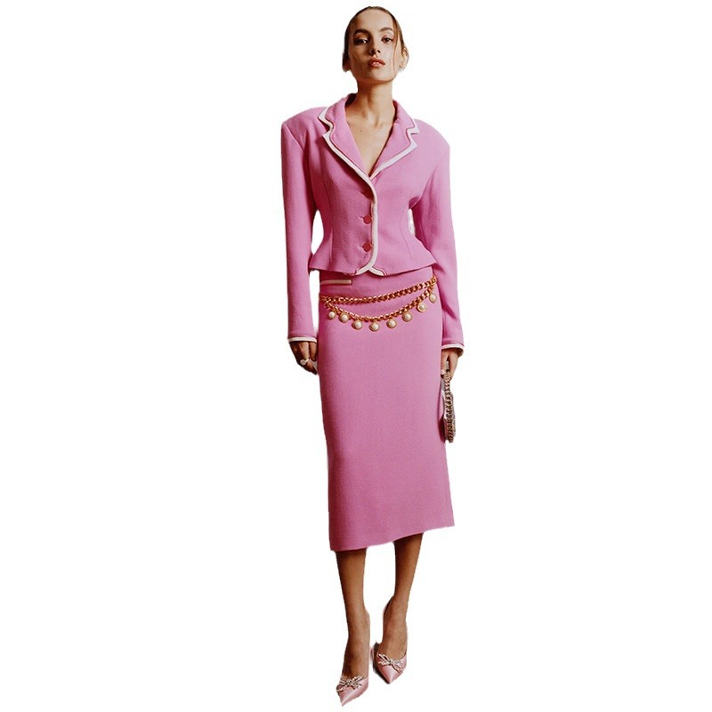 Women's Clothing star fashion white edge contrast small suit jacket mid length skirt suit two piece suit_voghion.com