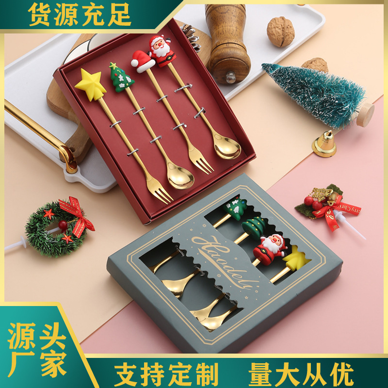 Stainless steel spoon creative Christmas tree coffee mixing spoon dessert fruit fork doll spoon Fork tableware gift suit Stainless steel spoon creative Christmas tree coffee mixing spoon dessert fruit fork doll spoon Fork tableware gift suit