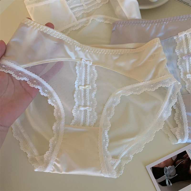 Japanese-Style Simple Women's Summer Thin Pure Cotton Crotch Sexy Bow Lace Sheer Low-Rise Briefs