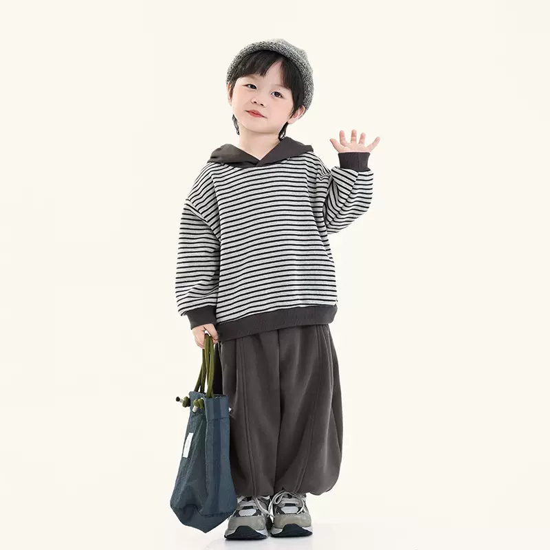 畅果童装男童加绒卫衣冬季新款儿童韩版条纹连帽上衣中小童套头衫
