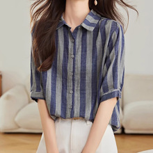 复古条纹双层棉纱衬衫女时尚减龄休闲中袖衬衣夏季新款宽松上衣