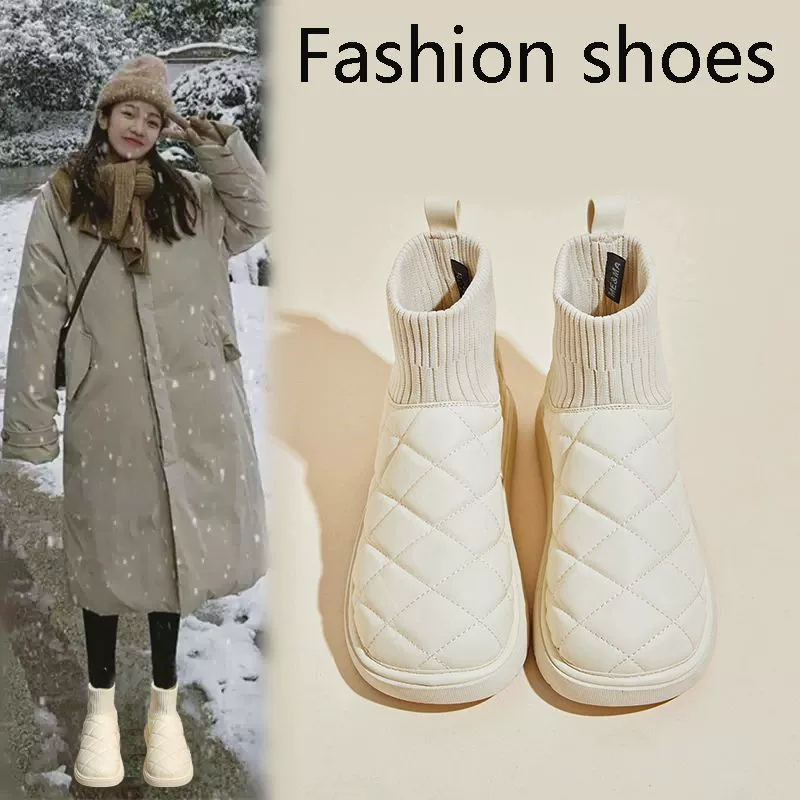 Толстая подошва белые снежные сапоги женский 2024 новый зимний бархатный толстый хлебный обувь водонепроницаемый милый хлопчатобумажный сапоги