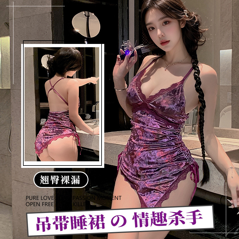여성을위한 섹시한 잠옷 새로운 순수한 욕망 섹시한 속옷 보라색 서스펜더 잠옷 허리 드레스 qqny 세트