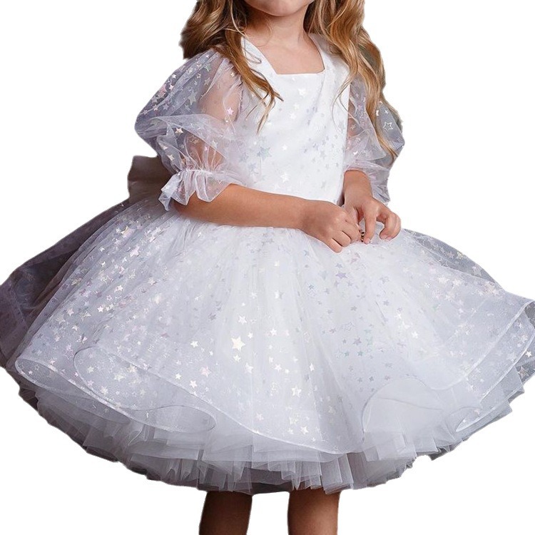 Christmas Princess Dress For Girls – Sparkly White Tutu With Puffed Sleeves & Bow Details (80-160cm, Perfect For Holiday Parties & Performances)_voghion.com