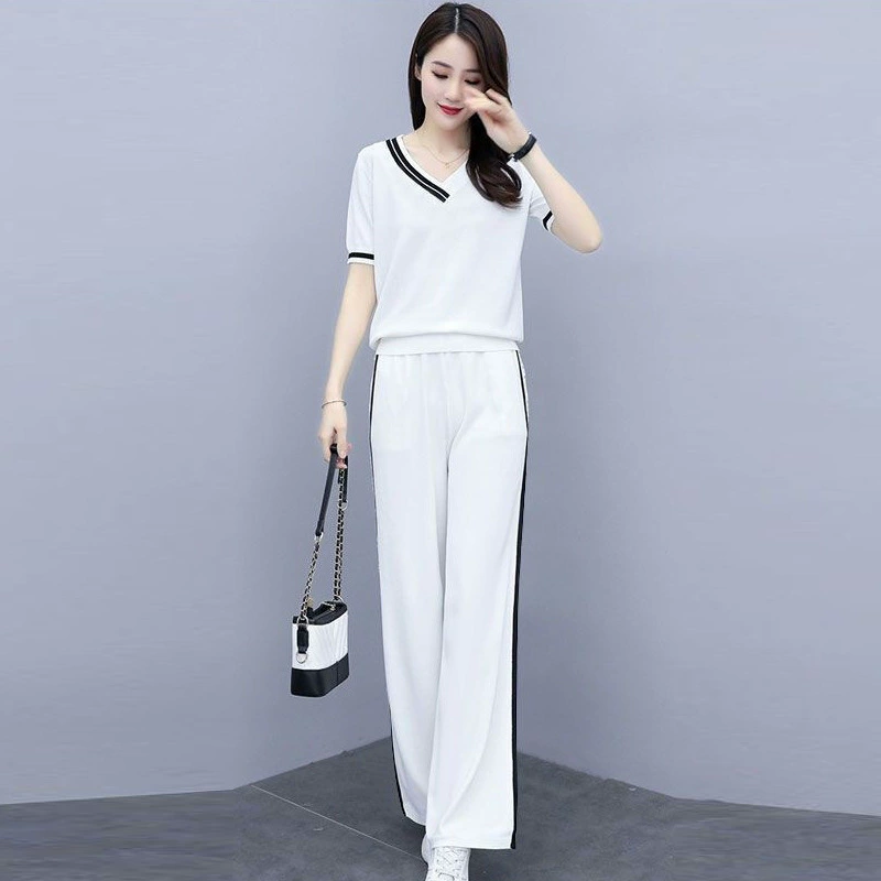Летний спортивный костюм для женщин 2025 года, модный утягивающий комплект с короткими рукавами и широкими брюками, новый корейский стиль, повседневная одежда, двухсоставной набор