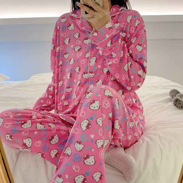 Пижамный набор Hello Kitty на осень (Hello Kitty) милый японский стиль, хлопок с длинным рукавом, размеры M–XXL